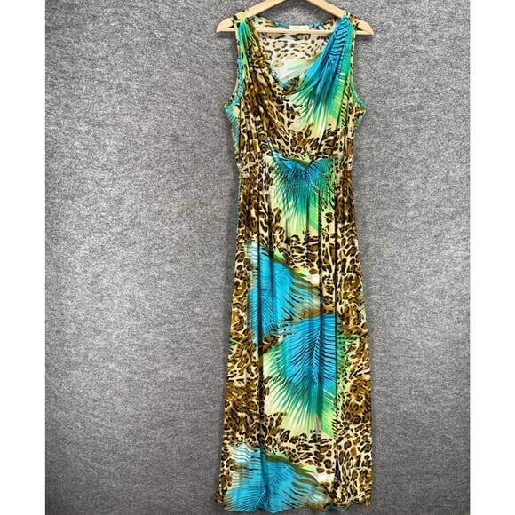 ACE Fashion Dress Women XL Brown Animal Print Maxi Long V-Neck Sleeveless Casual - Picture 1 of 6